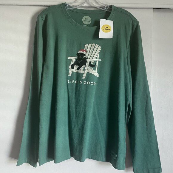 LIFE IS GOOD Black Lab Winter Dog Days Crusher Tee M Green Holiday Santa Hat - Picture 11 of 12